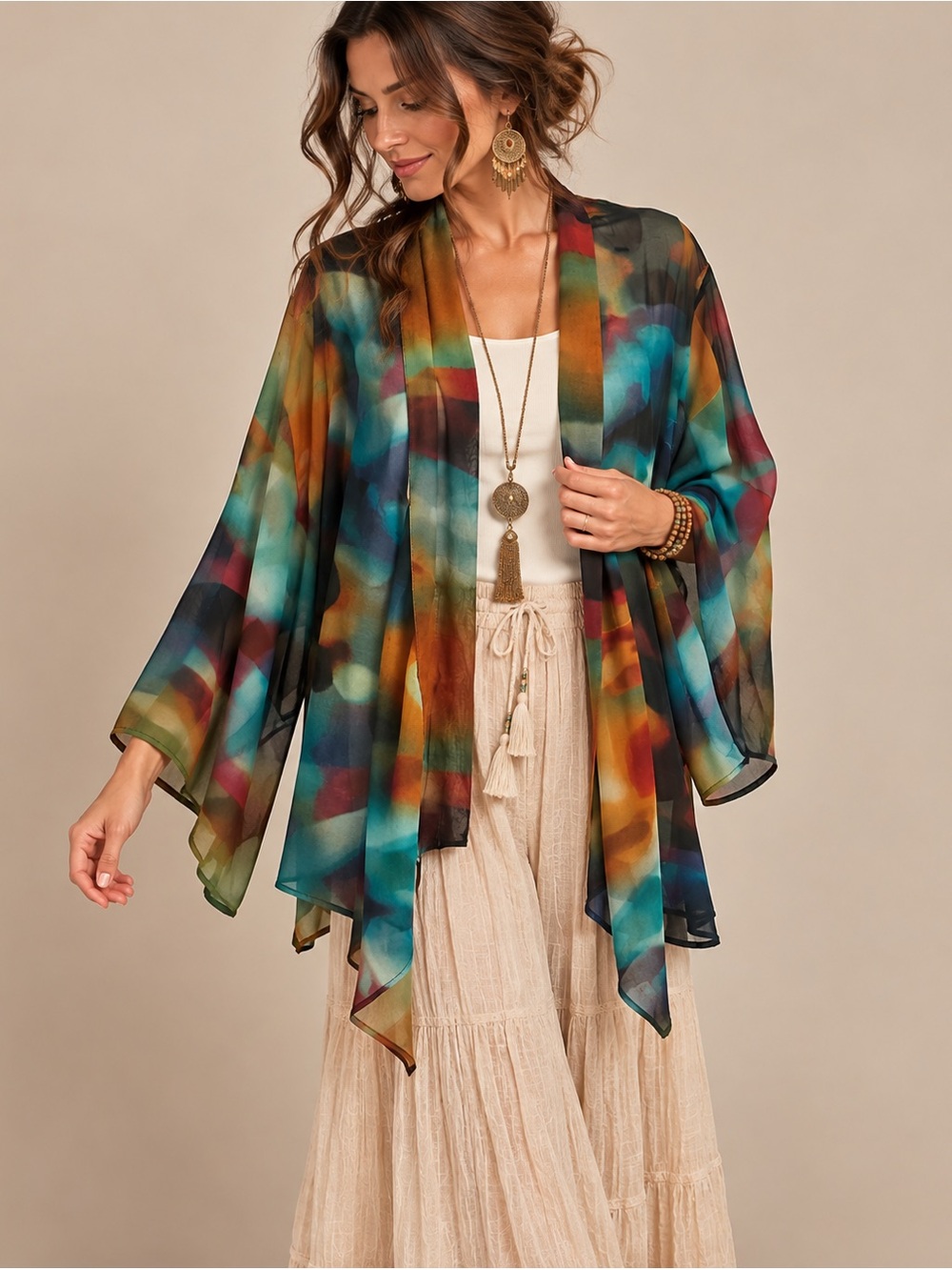 L’OR Paris XL Sheer Abstract Boho Kimono Multicolor Long Sleeve